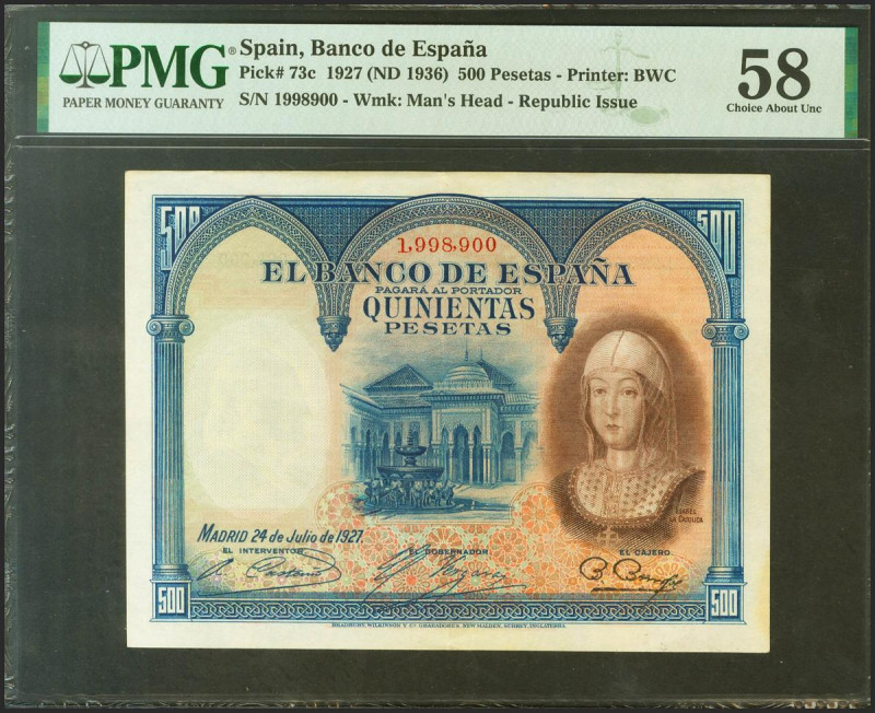 500 Pesetas. 24 de Julio de 1927. Sin serie y numeración posterior 1602000. (Edi...