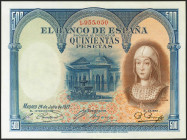 500 Pesetas. 24 de Julio de 1927. Sin serie y numeración posterior a 1602000. (Edifil 2021: 352). Inusual, conserva parte de su apresto original. EBC....