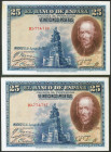 25 Pesetas. 15 de Agosto de 1928. Pareja correlativa. Serie B. (Edifil 2021: 353). Apresto original. SC-/SC--.