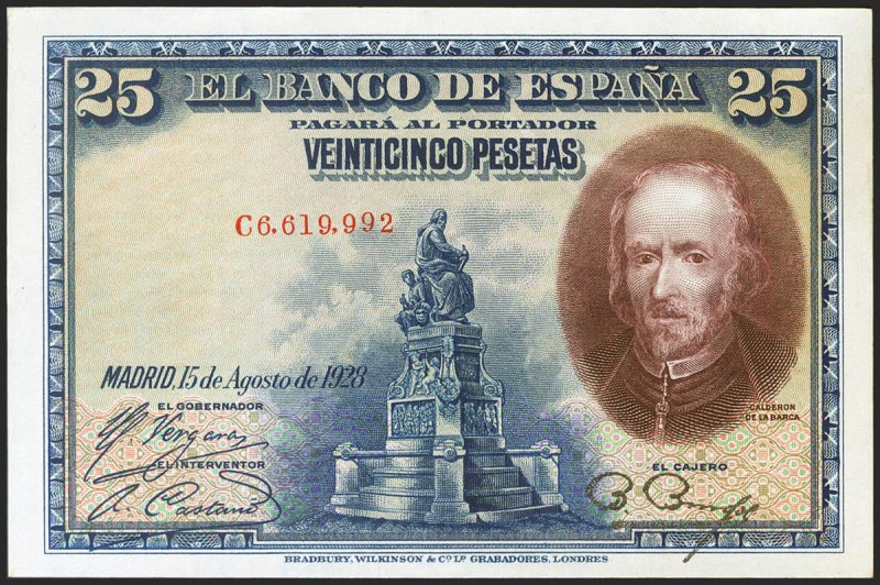 25 Pesetas. 15 de Agosto de 1928. Serie C. (Edifil 2021: 353). Apresto original....