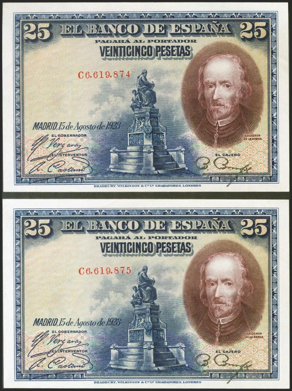 25 Pesetas. 15 de Agosto de 1928. Pareja correlativa. Serie C. (Edifil 2021: 353...