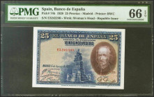 25 Pesetas. 15 de Agosto de 1928. Serie E. (Edifil 2021: 353, Pick: 74b). Raro en esta excepcional calidad, apresto original. SC. Encapsulado PMG66EPQ...