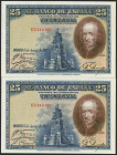 25 Pesetas. 15 de Agosto de 1928. Pareja correlativa. Serie E. (Edifil 2021: 353). Apresto original. SC.