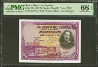 50 Pesetas. 15 de Agosto de 1928. Serie C. (Edifil 2021: 354, Pick: 75b). Inusual en esta excepcional calidad, apresto original. SC. Encapsulado PMG66...