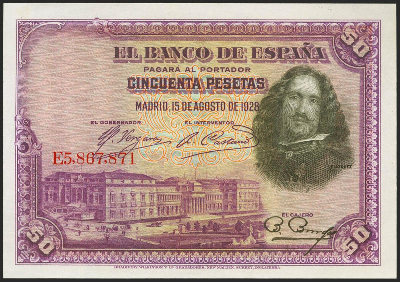 50 Pesetas. 15 de Agosto de 1928. Serie E. (Edifil 2021: 354). Apresto original....