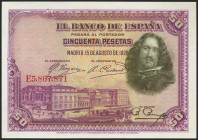 50 Pesetas. 15 de Agosto de 1928. Serie E. (Edifil 2021: 354). Apresto original. SC.
