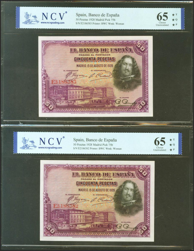 50 Pesetas. 15 de Agosto de 1925. Pareja correlativa. Serie E. (Edifil 2021: 354...