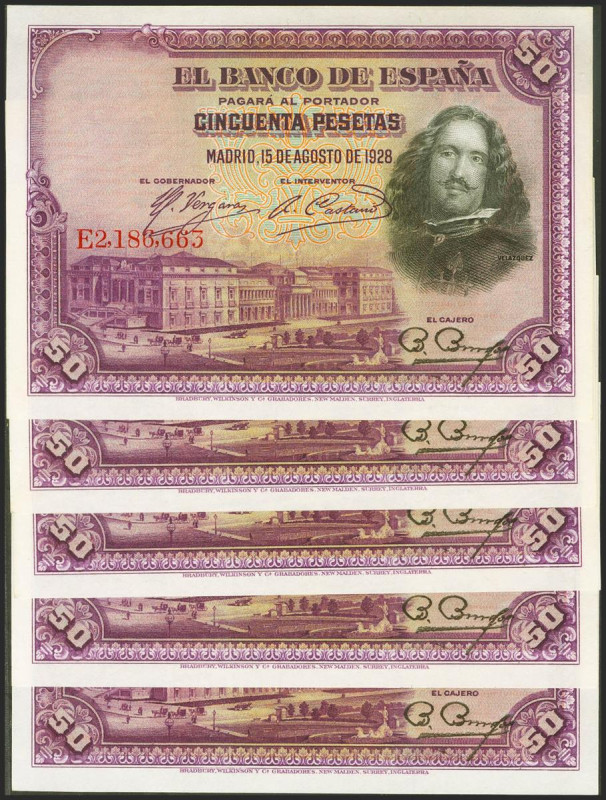 Conjunto de 5 billetes correlativos de 50 Pesetas emitidos el 15 de Agosto de 19...