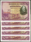 Conjunto de 5 billetes correlativos de 50 Pesetas emitidos el 15 de Agosto de 1928, con la serie E (Edifil 2021: 354), conservan parte de su apresto o...