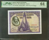 100 Pesetas. 15 de Agosto de 1928. Sin serie. (Edifil 2021: 355, Pick: 76a). Inusual en esta calidad. SC. Encapsulado PMG64.