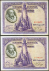 100 Pesetas. 15 de Agosto de 1928. Pareja correlativa. Sin serie. (Edifil 2021: 355). Inusual en esta calidad, apresto original. EBC+.