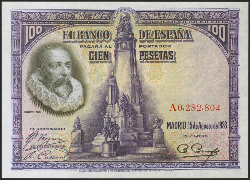 100 Pesetas. 15 de Agosto de 1928. Serie A. (Edifil 2021: 355a, Pick: 76a). Inus...