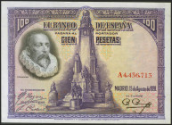 100 Pesetas. 15 de Agosto de 1928. Serie A. (Edifil 2021: 355a). Apresto original. EBC++.