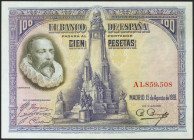 100 Pesetas. 15 de Agosto de 1928. Serie A. (Edifil 2021: 355a). Conserva gran parte de su apresto original. EBC+.