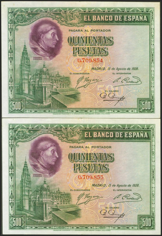 500 Pesetas. 15 de Agosto de 1928. Pareja correlativa. Sin serie. (Edifil 2021: ...