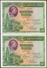 500 Pesetas. 15 de Agosto de 1928. Pareja correlativa. Sin serie. (Edifil 2021: 356). Conserva parte su apresto original. EBC/EBC-.