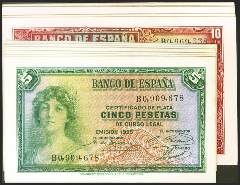 Conjunto de 10 billetes correlativos de 5 Pesetas y 10 Pesetas Certificado de Pl...