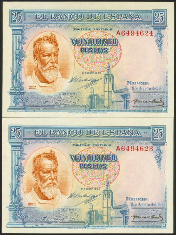 25 Pesetas. 31 de Agosto de 1936. Pareja correlativa. Serie A. (Edifil 2021: 367...