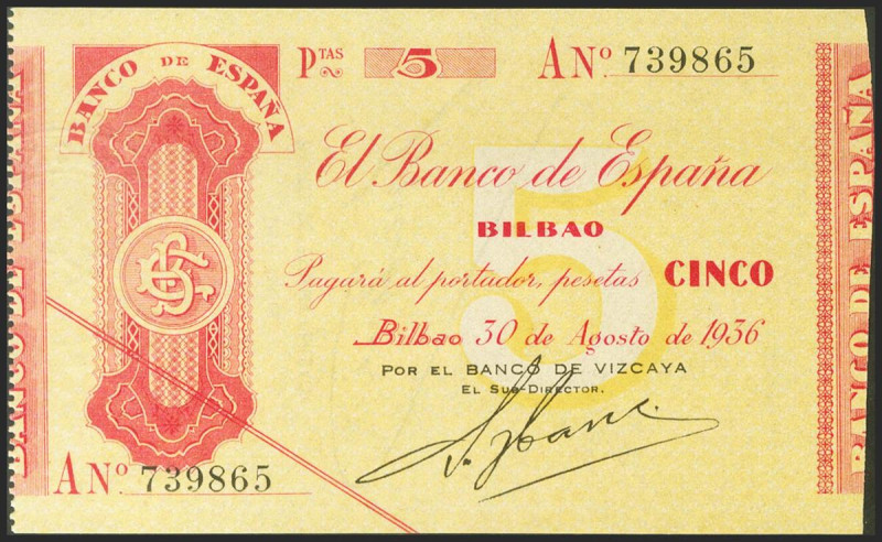 5 Pesetas. 30 de Agosto de 1936. Sucursal de Bilbao, antefirma del Banco de Vizc...