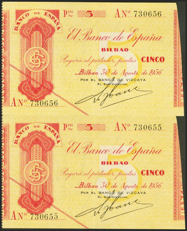 5 Pesetas. 30 de Agosto de 1936. Pareja correlativa. Sucursal de Bilbao, antefir...