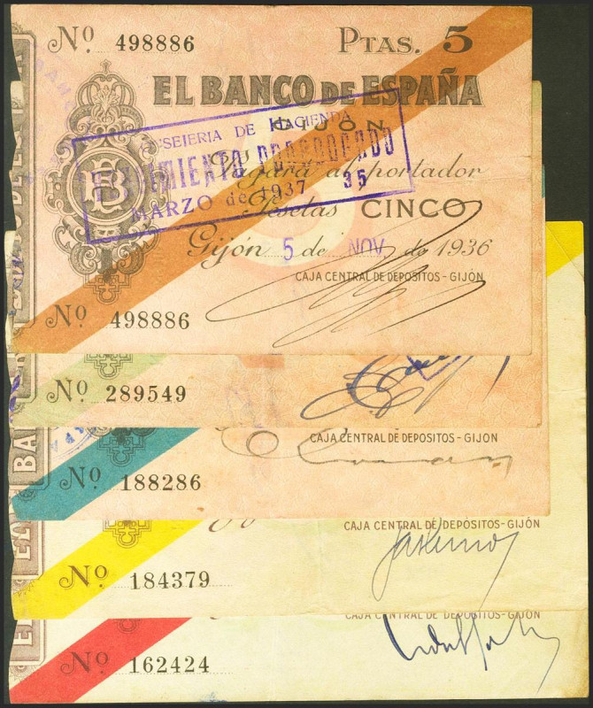 Conjunto de 5 billetes de 5 Pesetas, 10 Pesetas, 25 Pesetas, 50 Pesetas y 100 Pe...