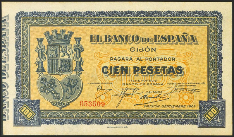 100 Pesetas. Septiembre 1937. Asturias y León. Sin serie. (Edifil 2021: 399). Ap...