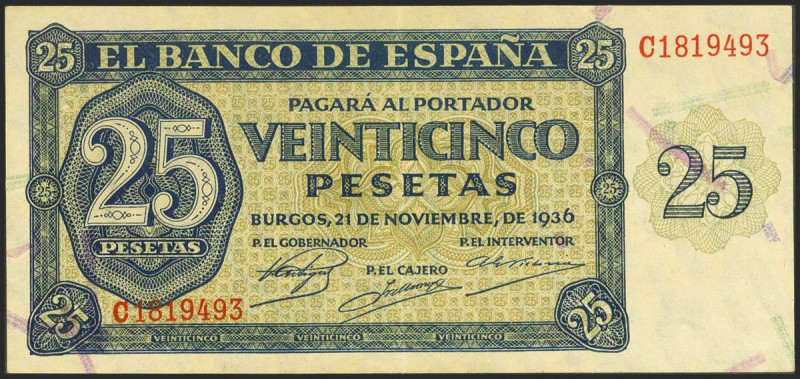 25 Pesetas. 21 de Noviembre de 1936. Serie C. (Edifil 2021: 419a). Conserva part...