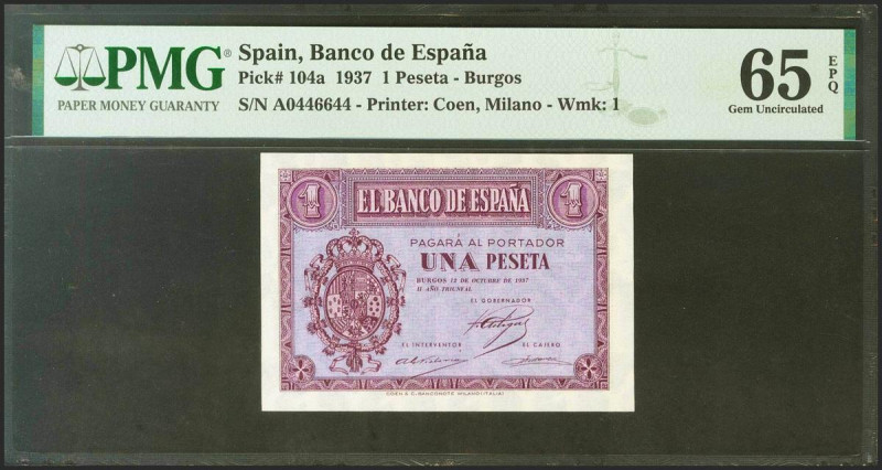 1 Peseta. 12 de Octubre de 1937. Serie A. (Edifil 2021: 425, Pick: 104a). Inusua...