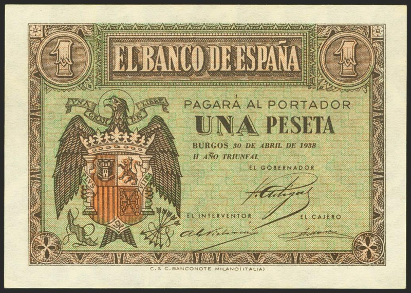 1 Peseta. 30 de Abril de 1938. Serie C. (Edifil 2021: 428a). Apresto original. S...