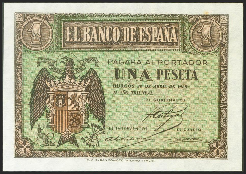 1 Peseta. 30 de Abril de 1938. Serie H. (Edifil 2021: 428a). Apresto original. S...