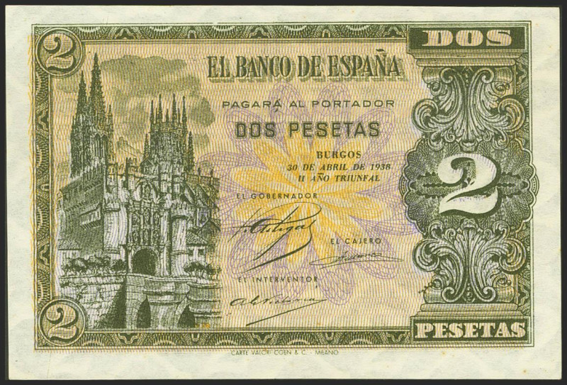 2 Pesetas. 30 de Abril de 1938. Serie L. (Edifil 2021: 429a). Conserva todo su a...