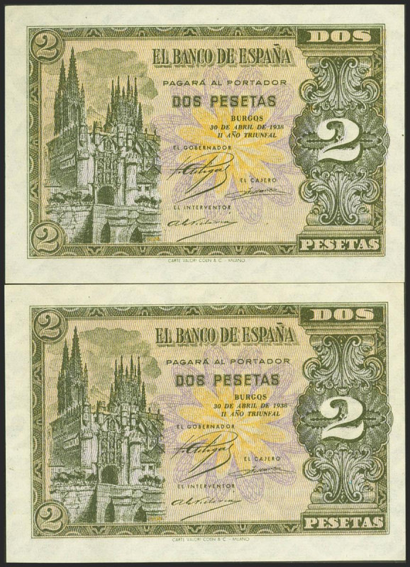 2 Pesetas. 30 de Abril de 1938. Pareja correlativa. Serie L. (Edifil 2021: 429a)...