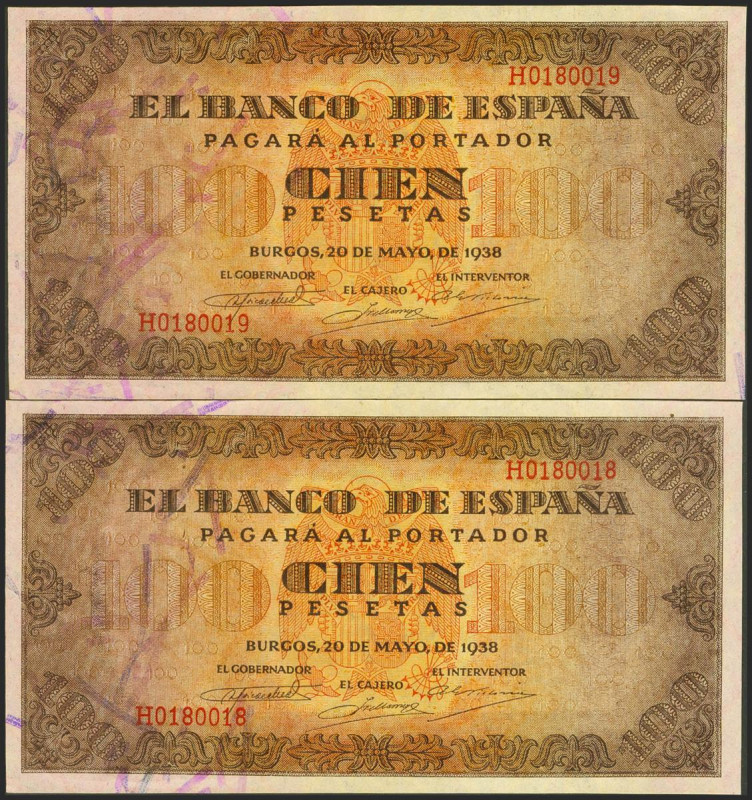 100 Pesetas. 20 de Mayo de 1938. Pareja correlativa. Serie H, última serie emiti...