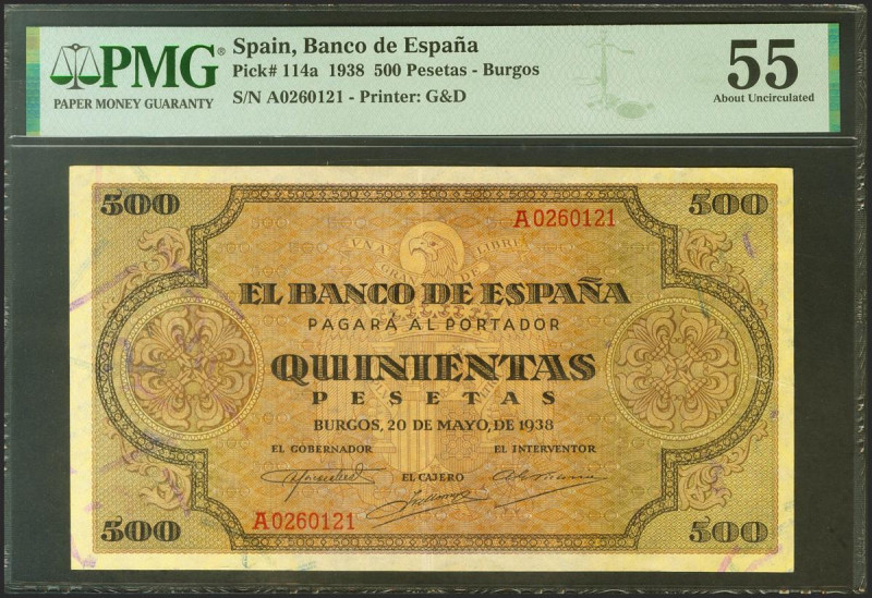 500 Pesetas. 20 de Mayo de 1938. Serie A. (Edifil 2021: 433, Pick: 114a). Inusua...