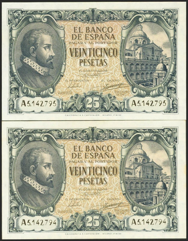 25 Pesetas. 9 de Enero de 1940. Pareja correlativa. Serie A. (Edifil 2021: 436)....