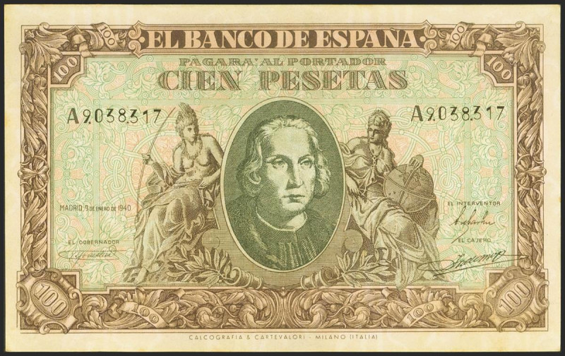 100 Pesetas. 9 de Enero de 1940. Falso de época y sin taladros. Serie A. (Edifil...