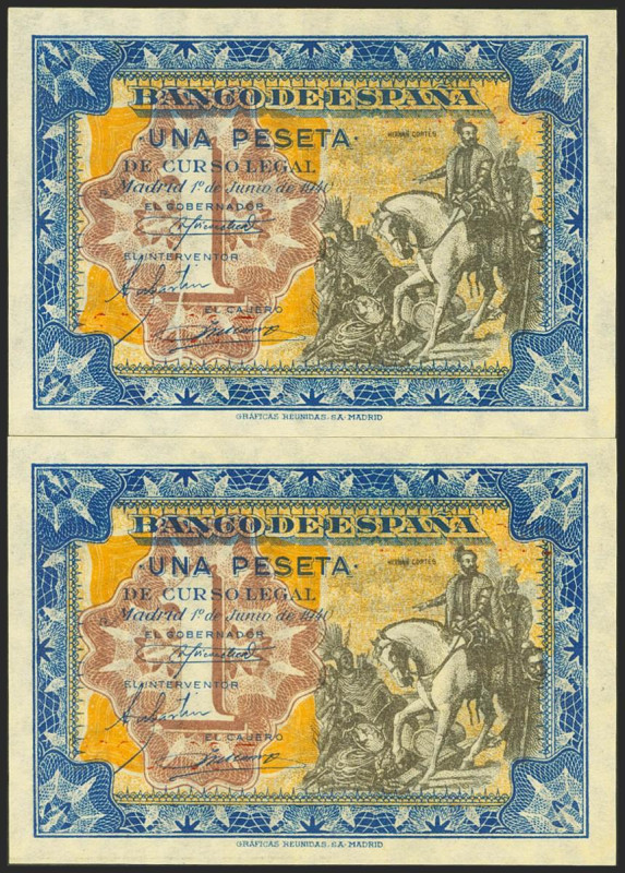 1 Peseta. 1 de Junio de 1940. Pareja correlativa. Serie B. (Edifil 2021: 441a). ...