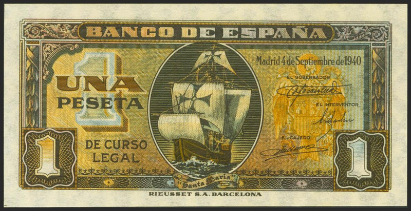 1 Peseta. 4 de Septiembre de 1940. Serie E. (Edifil 2021: 442a). Apresto origina...