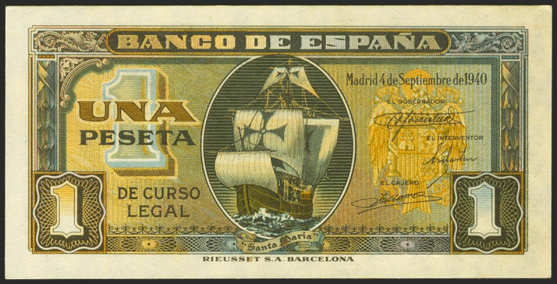 1 Peseta. 4 de Septiembre de 1940. Serie F. (Edifil 2021: 442a). Conserva todo s...