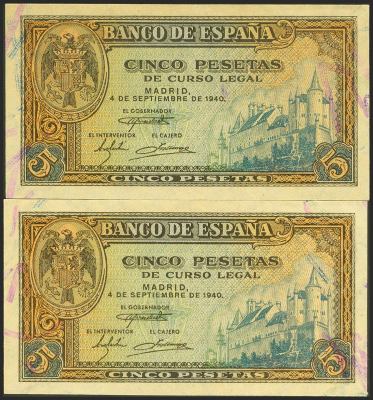 5 Pesetas. 4 de Septiembre de 1940. Pareja correlativa. Serie F. (Edifil 2017: 4...