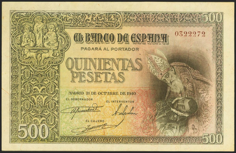 500 Pesetas. 21 de Octubre de 1940. Sin serie. (Edifil 2021: 444). Raro en este ...