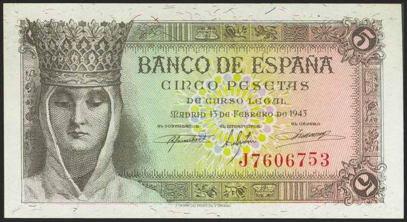 5 Pesetas. 13 de Febrero de 1943. Serie J, última serie emitida. (Edifil 2021: 4...