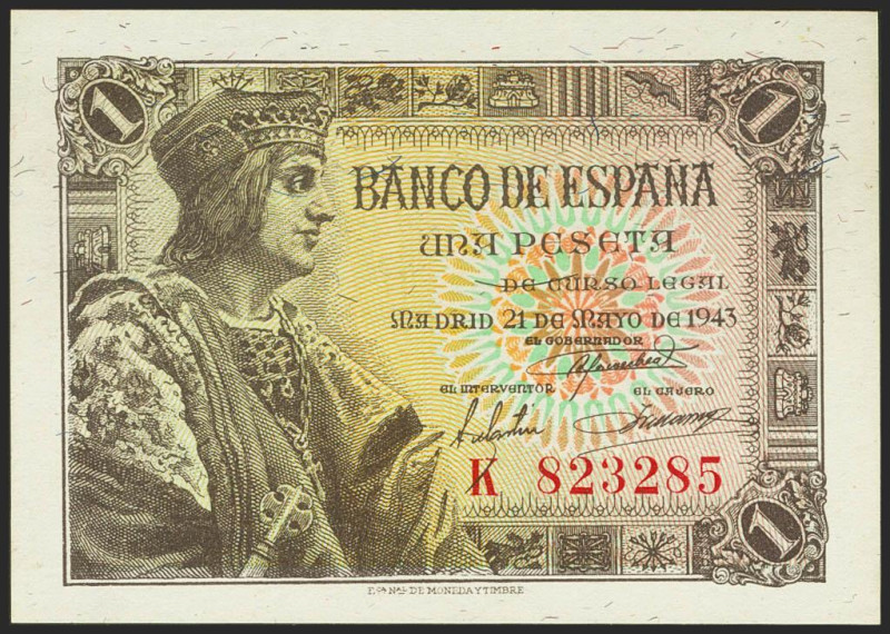 1 Peseta. 21 de Mayo de 1943. Serie K. (Edifil 2021: 447a). Apresto original. SC...