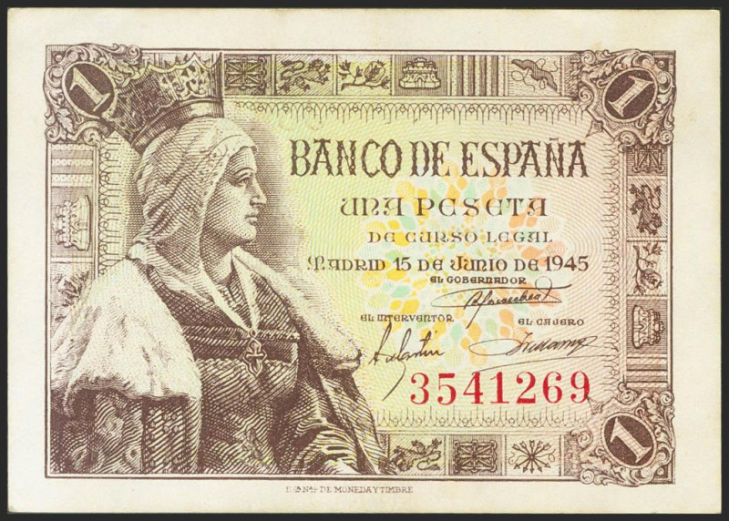 1 Peseta. 15 de Junio de 1945. Sin serie. (Edifil 2021: 448). Apresto original. ...