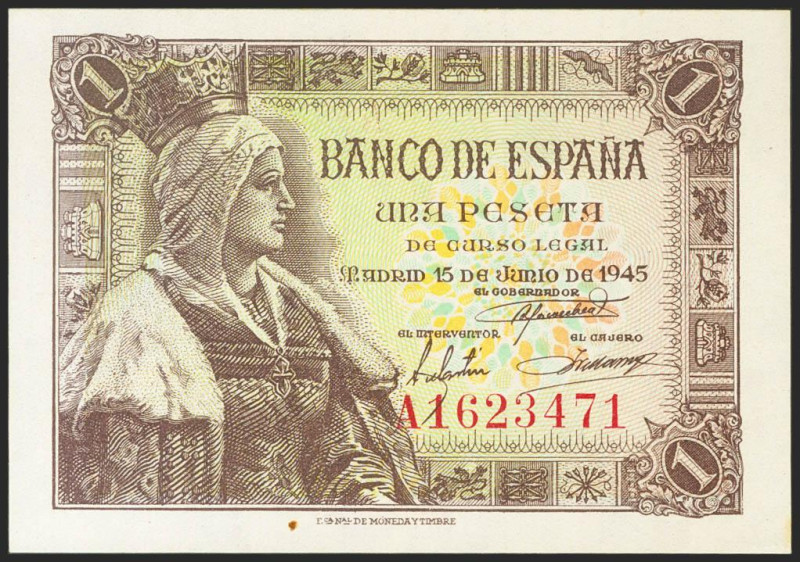 1 Peseta. 15 de Junio de 1945. Serie A. (Edifil 2021: 448a). Apresto original. S...