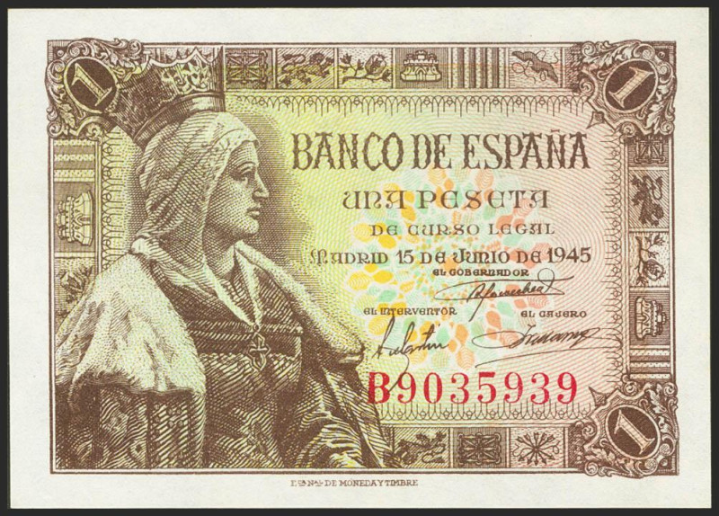 1 Peseta. 15 de Junio de 1945. Serie B. (Edifil 2021: 448a). Apresto original. S...