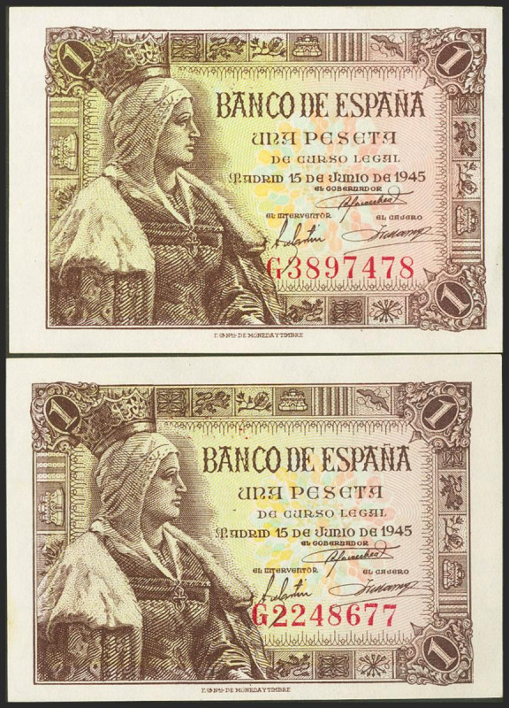 1 Peseta. 15 de Junio de 1945. Pareja correlativa. Serie G. (Edifil 2021: 448a)....