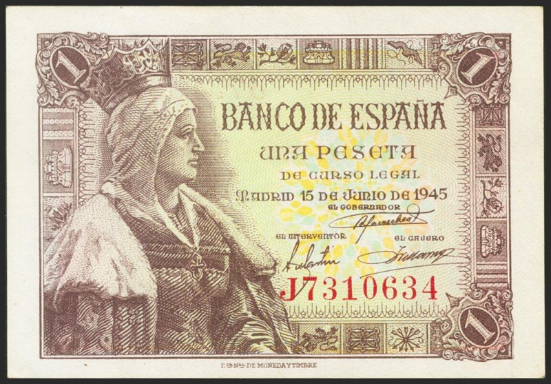 1 Peseta. 15 de Junio de 1945. Serie J. (Edifil 2021: 448a). Apresto original. S...