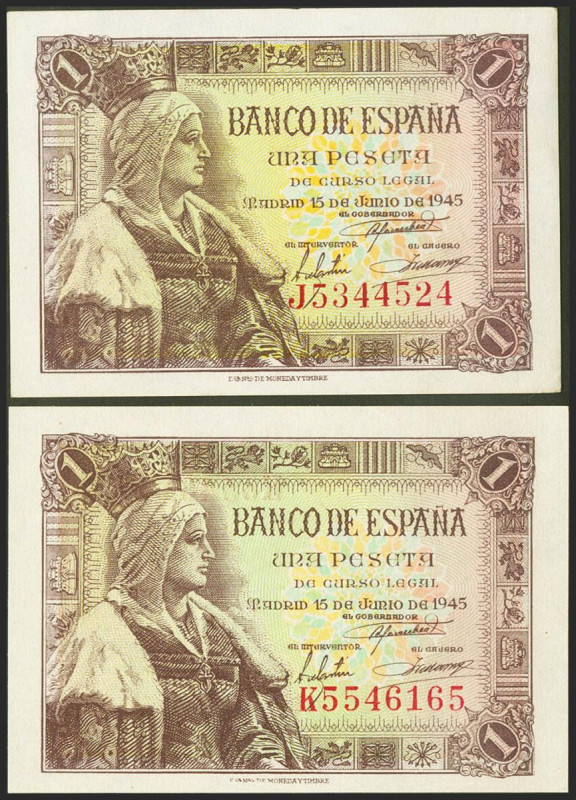 Conjunto de 2 billetes emitidos el 15 de Junio de 1945, con las series J y K, re...