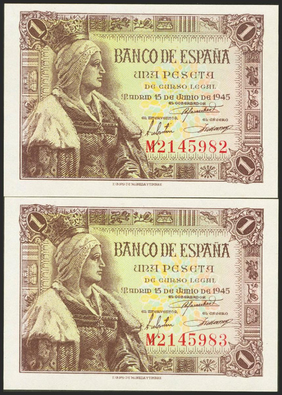 1 Peseta. 15 de Junio de 1945. Pareja correlativa. Serie M, última serie emitida...